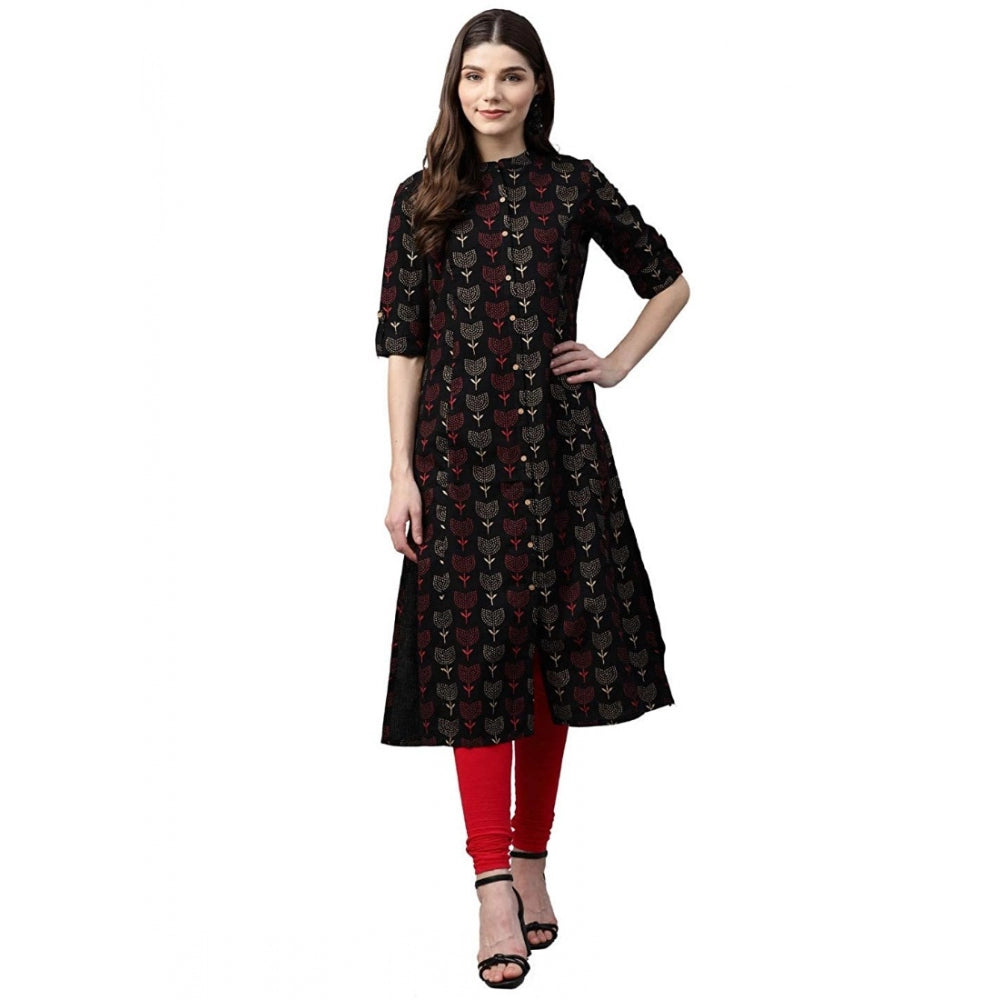 Women's Cotton Printed A Line Kurti (Black, Cotton) - VANSHELLE