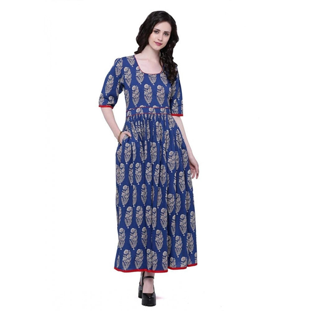 Women's Cotton Printed Anarkali Kurti (Blue, Cotton) - VANSHELLE