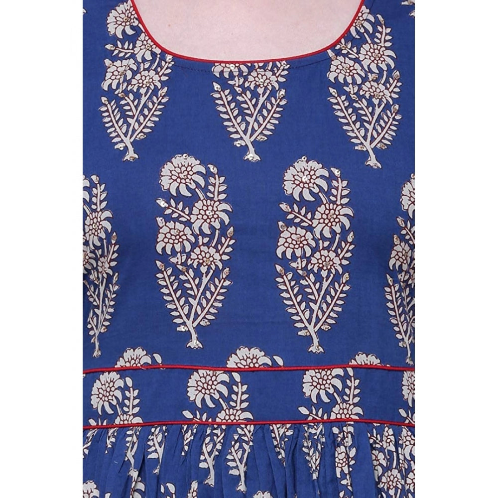 Women's Cotton Printed Anarkali Kurti (Blue, Cotton) - VANSHELLE