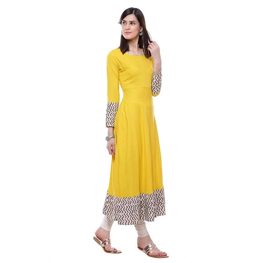 Women's Rayon Printed Solid Anarkali Kurti (Yellow, Rayon) - VANSHELLE