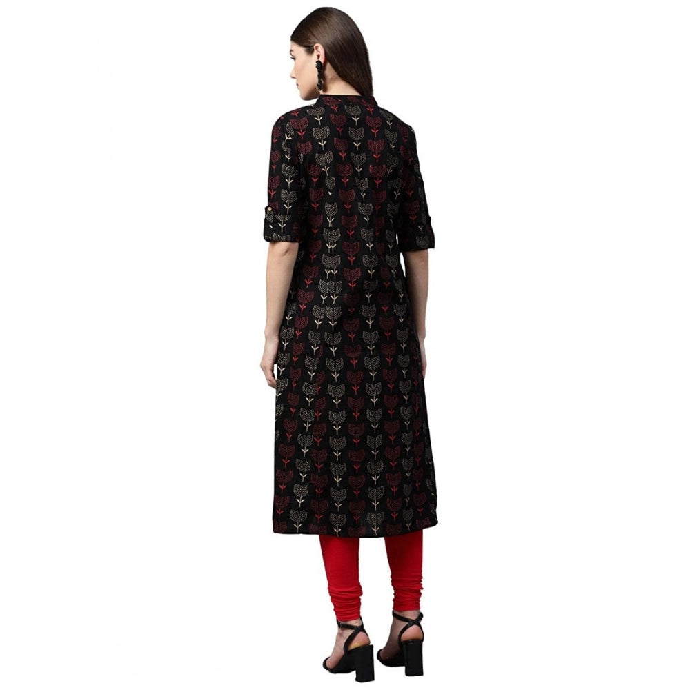 Women's Cotton Printed A Line Kurti (Black, Cotton) - VANSHELLE