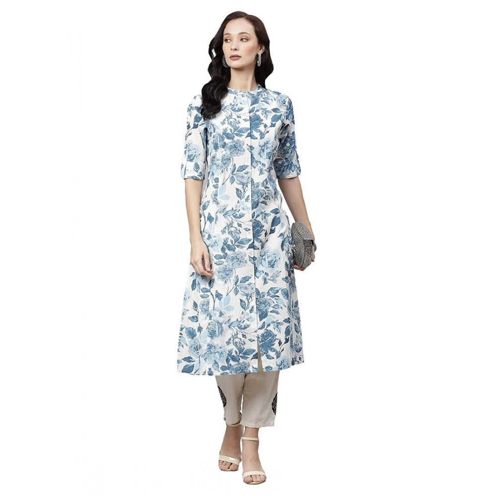 Women's Cotton Printed Floral Print Kurti (White, Blue, Cotton) - VANSHELLE