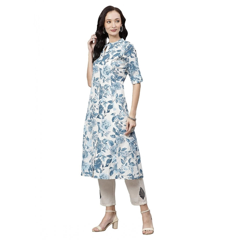 Women's Cotton Printed Floral Print Kurti (White, Blue, Cotton) - VANSHELLE