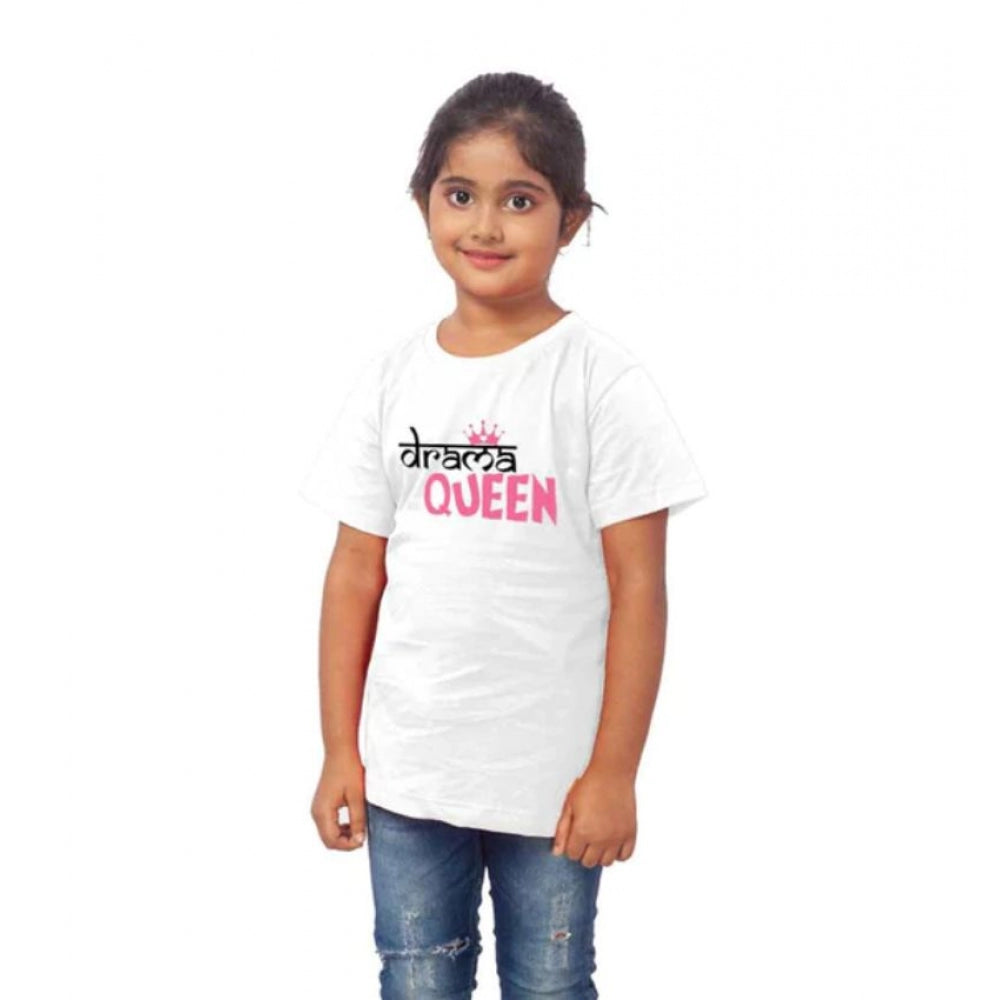 Girls Cotton Drama Queen Half Sleeve Tshirt (White)