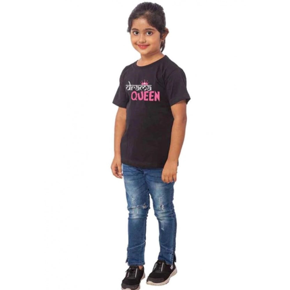 Girls Cotton Drama Queen Half Sleeve Tshirt (Black)