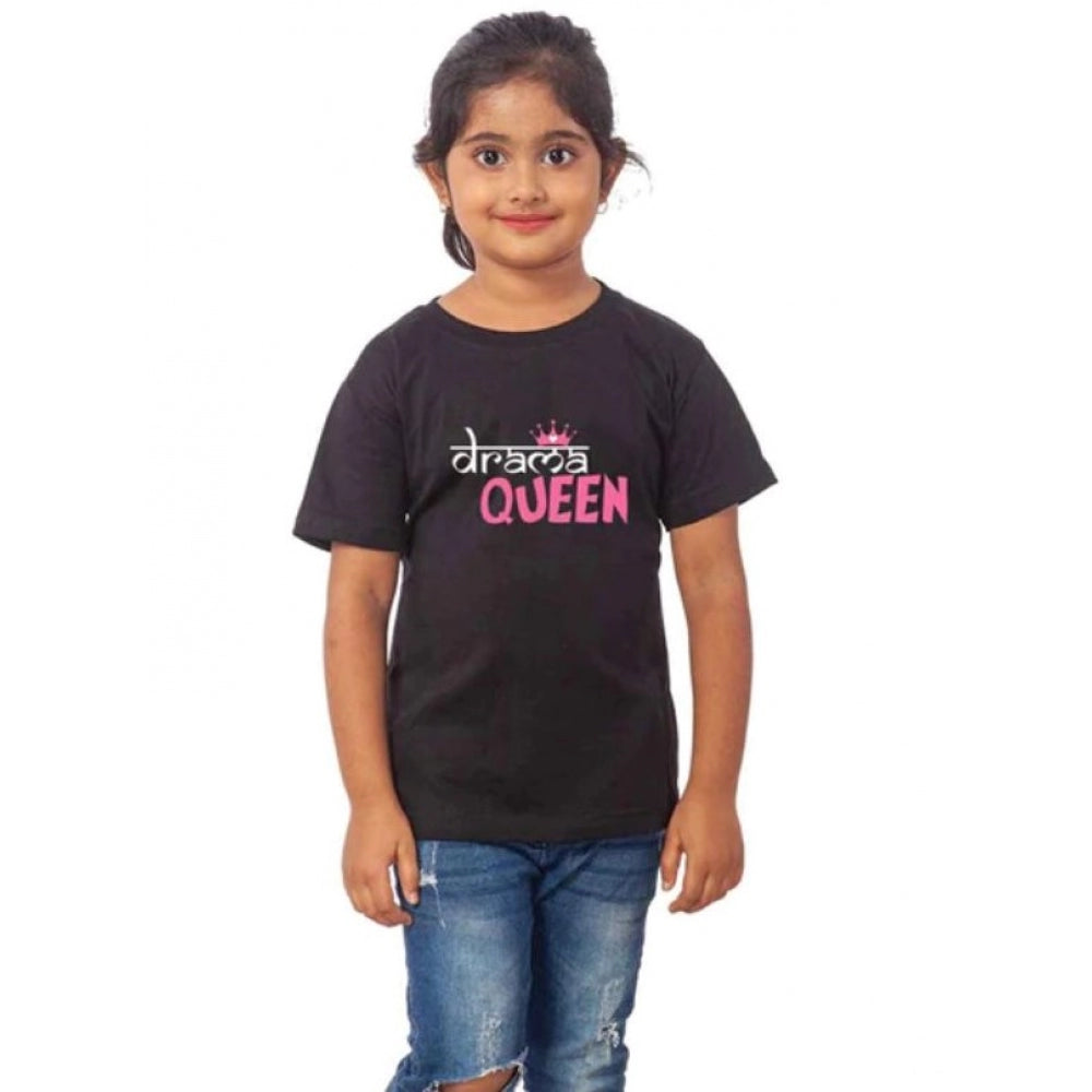 Girls Cotton Drama Queen Half Sleeve Tshirt (Black)