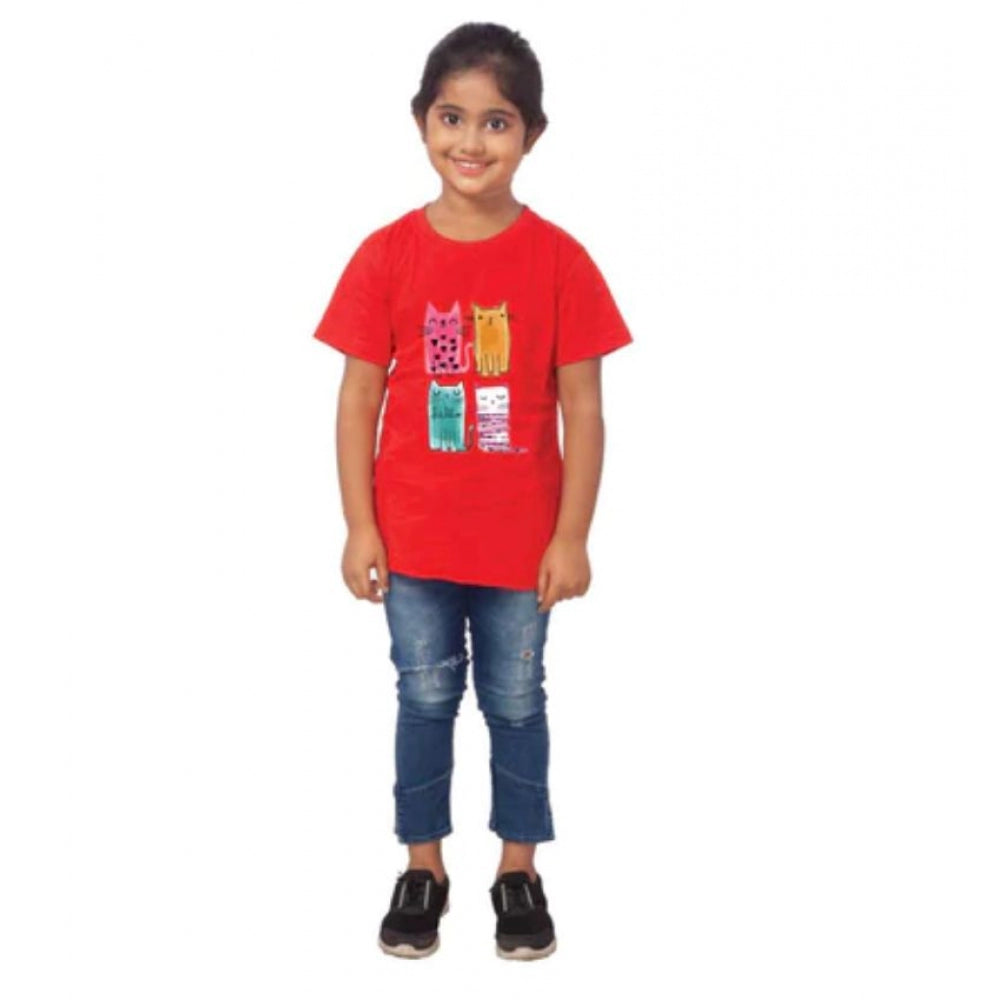 Girls Cotton Cat Half Sleeve Tshirt (Red)
