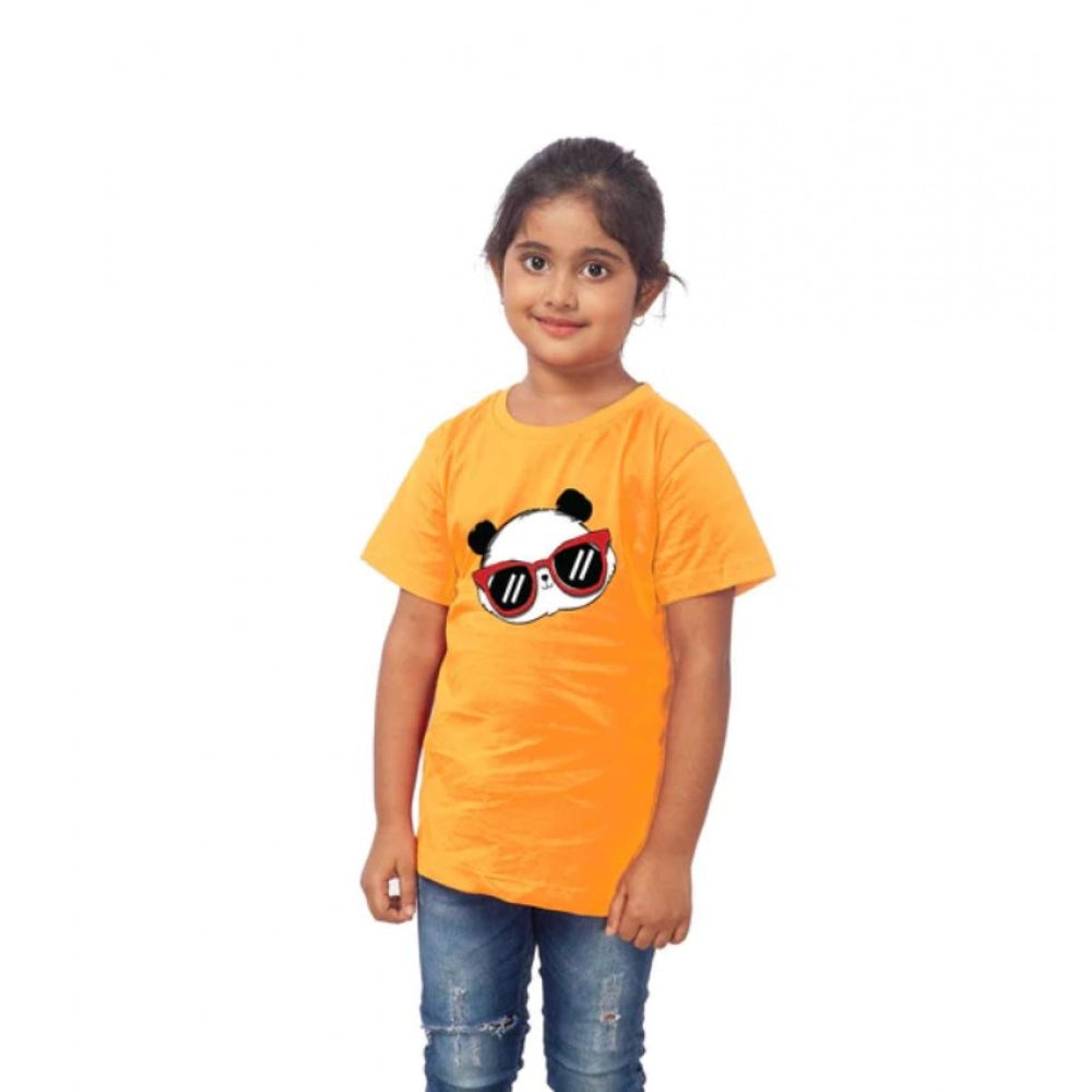 Girls Cotton Panda Glass Half Sleeve Tshirt (Mustard)
