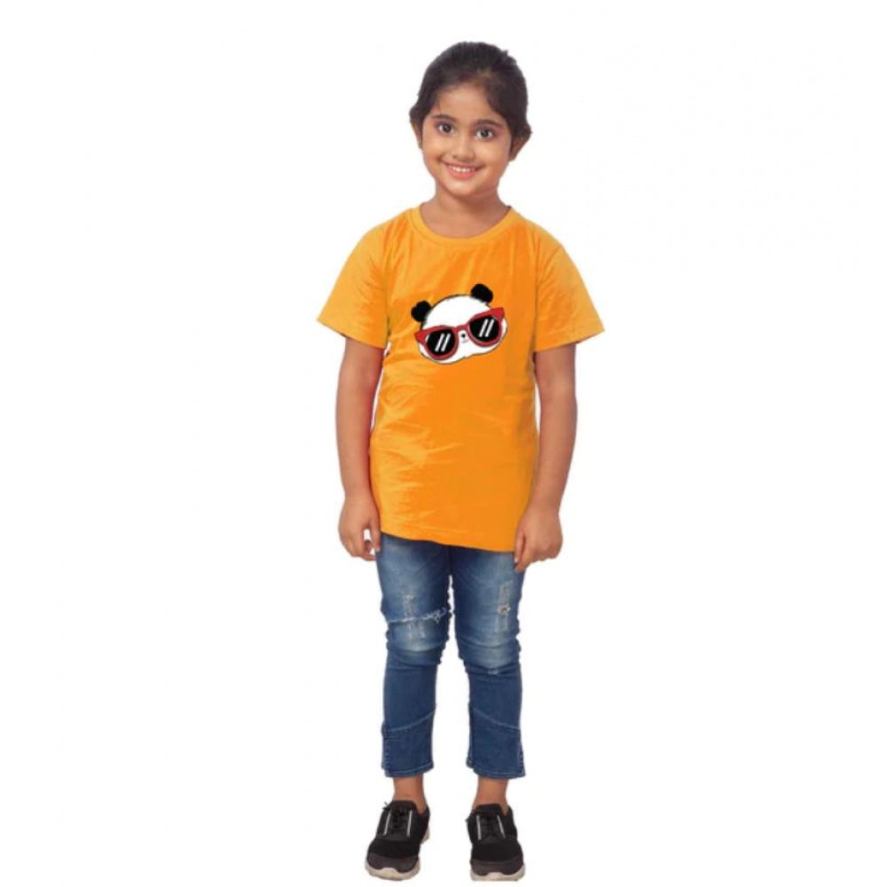 Girls Cotton Panda Glass Half Sleeve Tshirt (Mustard)