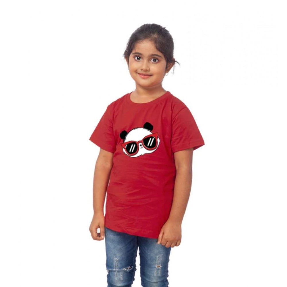 Girls Cotton Panda Glass Half Sleeve Tshirt (Maroon)