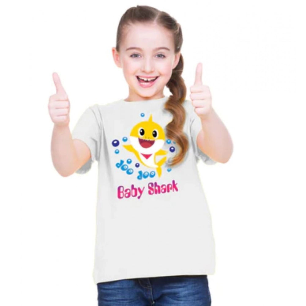 Girls Cotton Baby Shark Half Sleeve Tshirt (White)