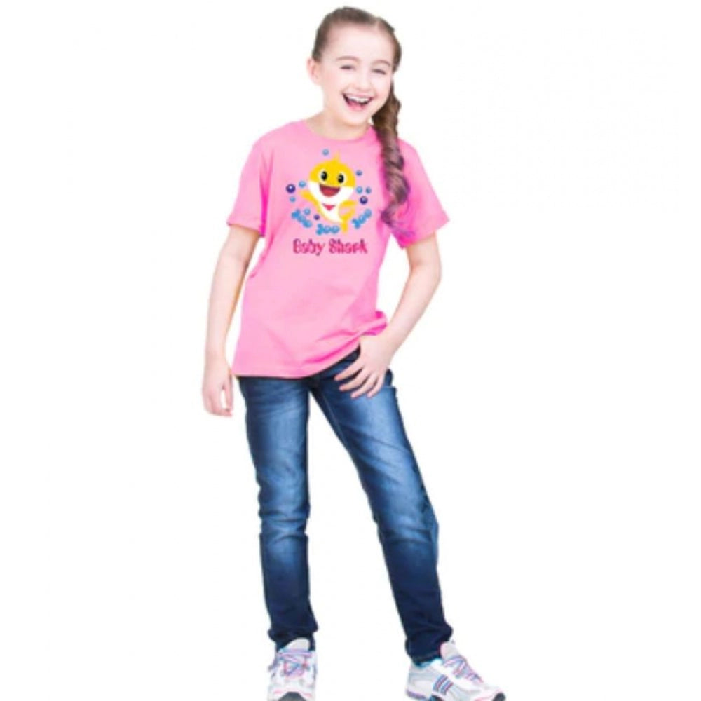 Girls Cotton Baby Shark Half Sleeve Tshirt (Pink)