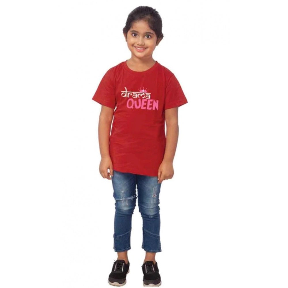Girls Cotton Drama Queen Half Sleeve Tshirt (Maroon)