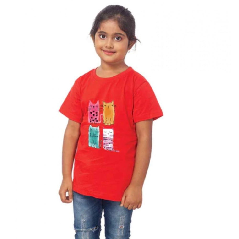 Girls Cotton Cat Half Sleeve Tshirt (Red)