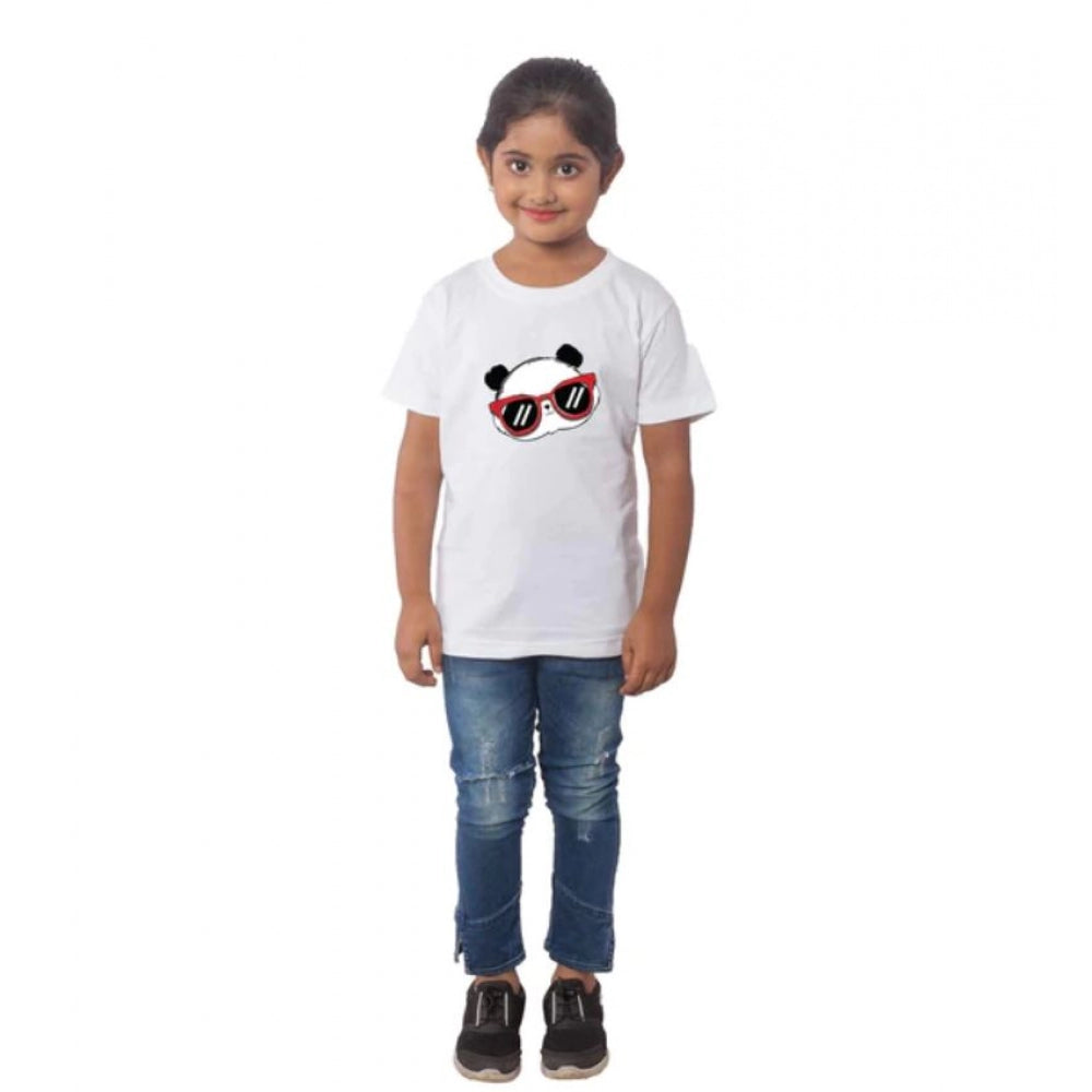 Girls Cotton Panda Glass Half Sleeve Tshirt (White)