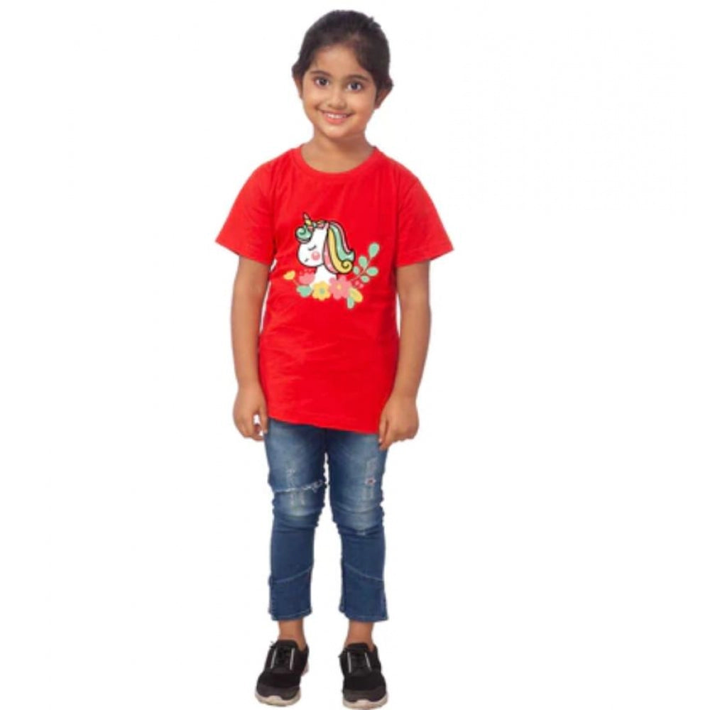 Girls Cotton Unicorn Face Half Sleeve Tshirt (Red)
