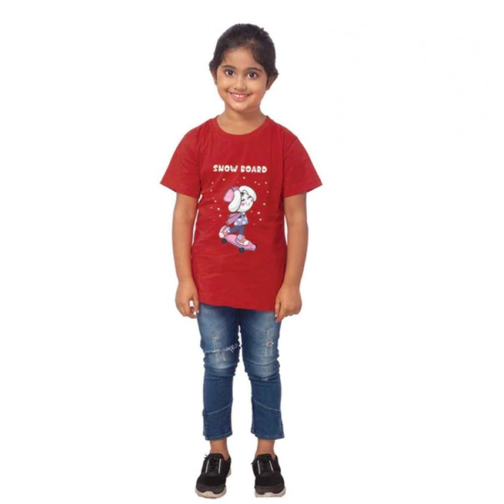 Girls Cotton Snow Board Half Sleeve Tshirt (Maroon)