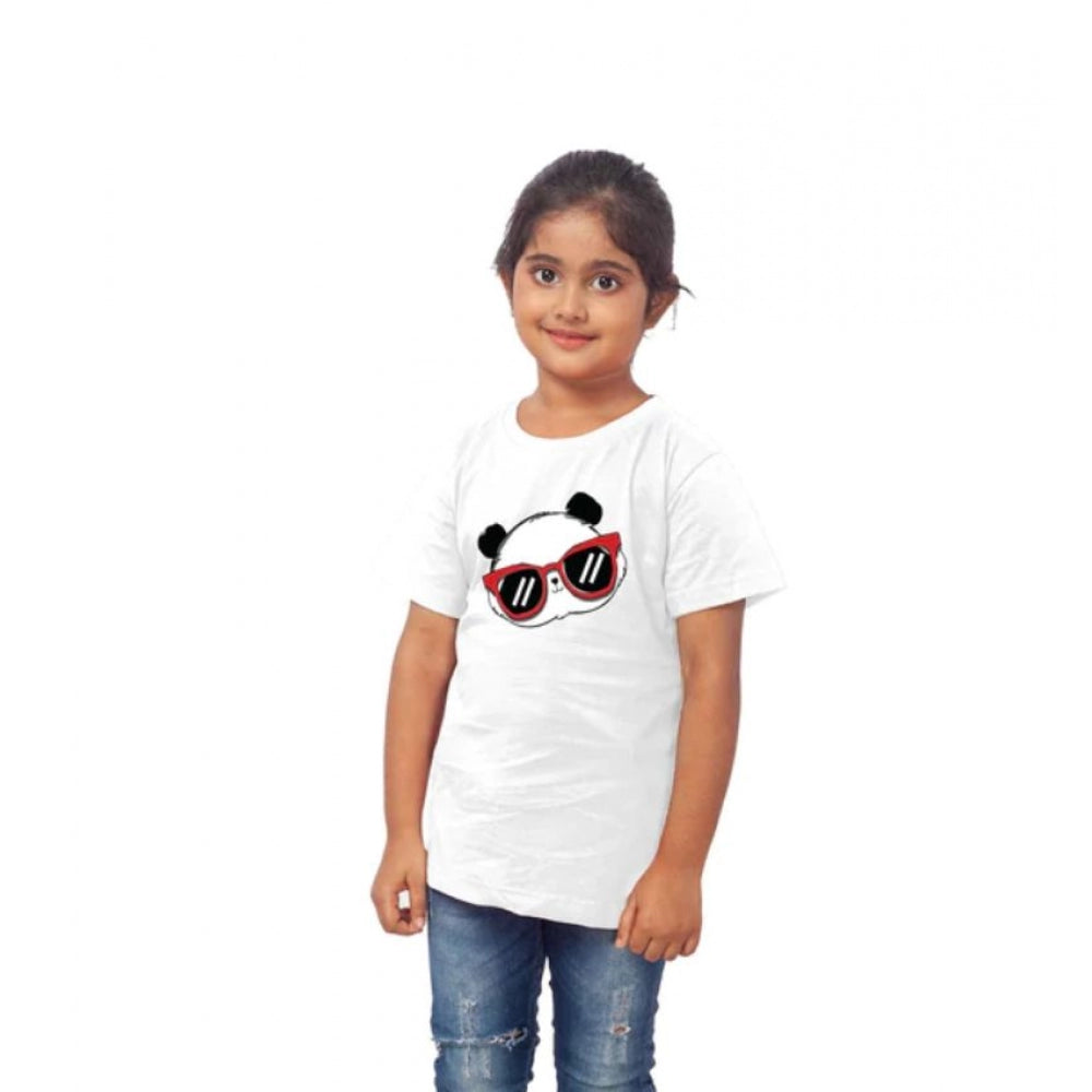 Girls Cotton Panda Glass Half Sleeve Tshirt (White)