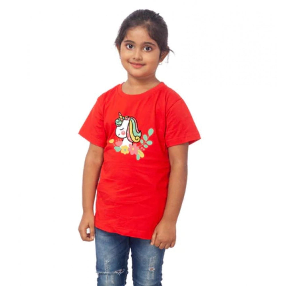 Girls Cotton Unicorn Face Half Sleeve Tshirt (Red)