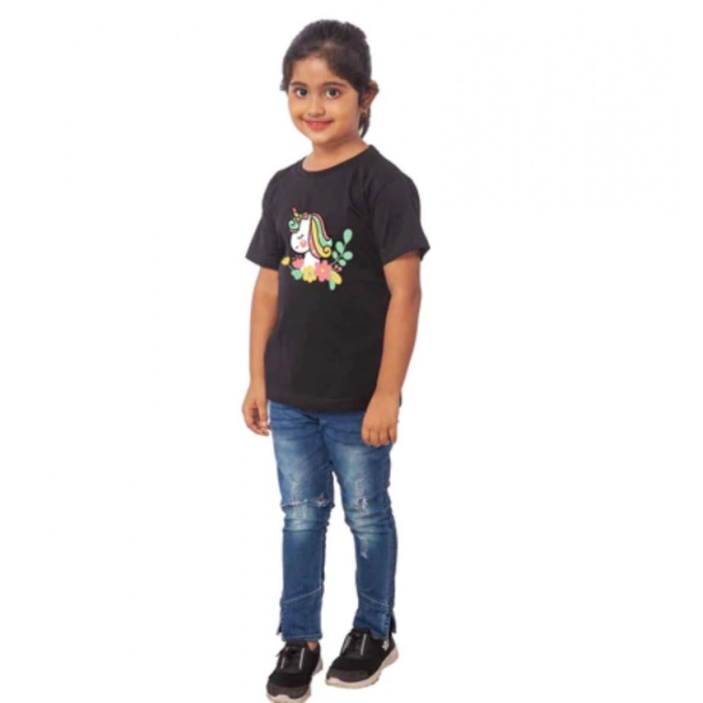 Girls Cotton Unicorn Face Half Sleeve Tshirt (Black)