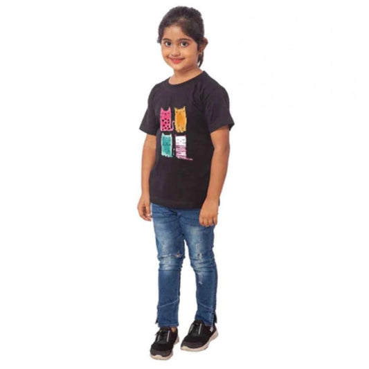 Girls Cotton Cat Half Sleeve Tshirt (Black)