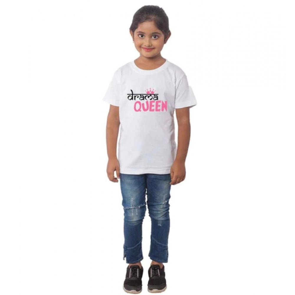 Girls Cotton Drama Queen Half Sleeve Tshirt (White)