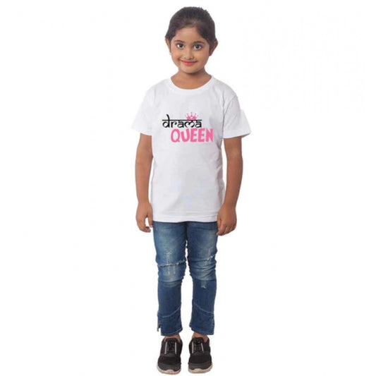 Girls Cotton Drama Queen Half Sleeve Tshirt (White)