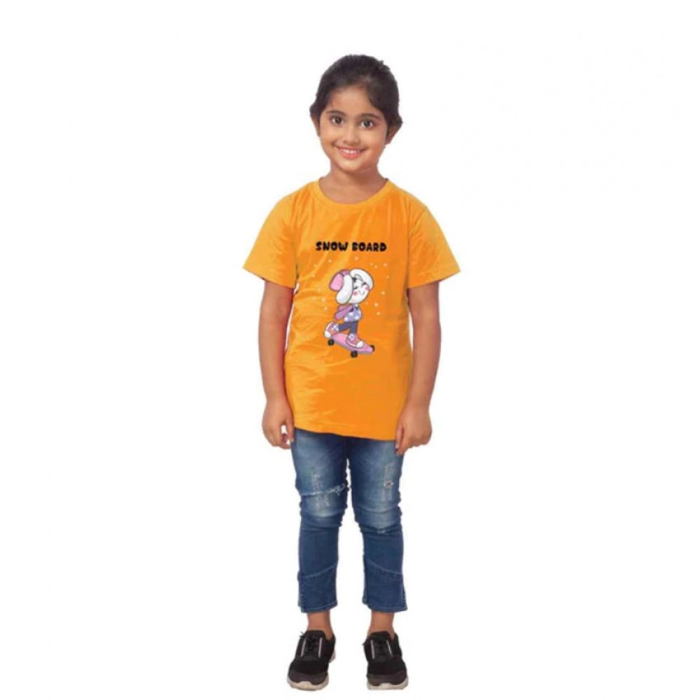 Girls Cotton Snow Board Half Sleeve Tshirt (Mustard)