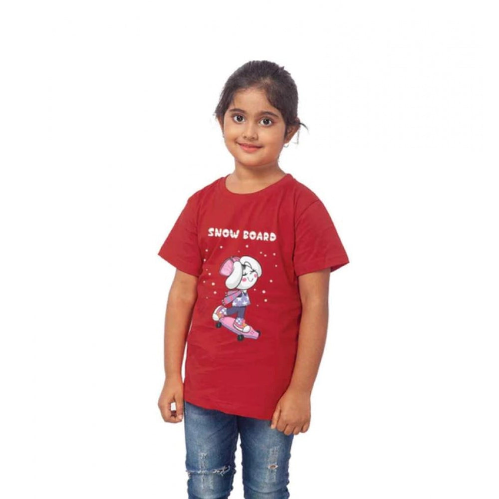 Girls Cotton Snow Board Half Sleeve Tshirt (Maroon)