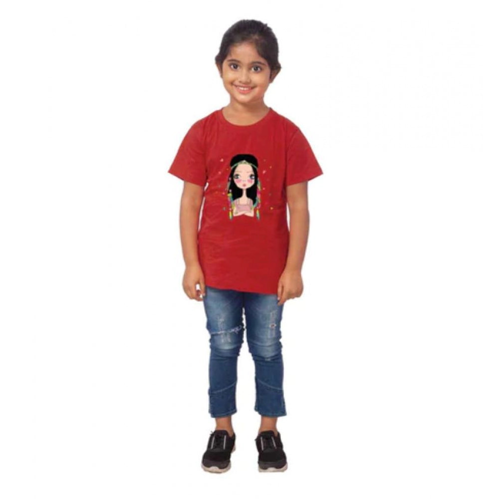 Girls Cotton Tribal Half Sleeve Tshirt (Maroon)