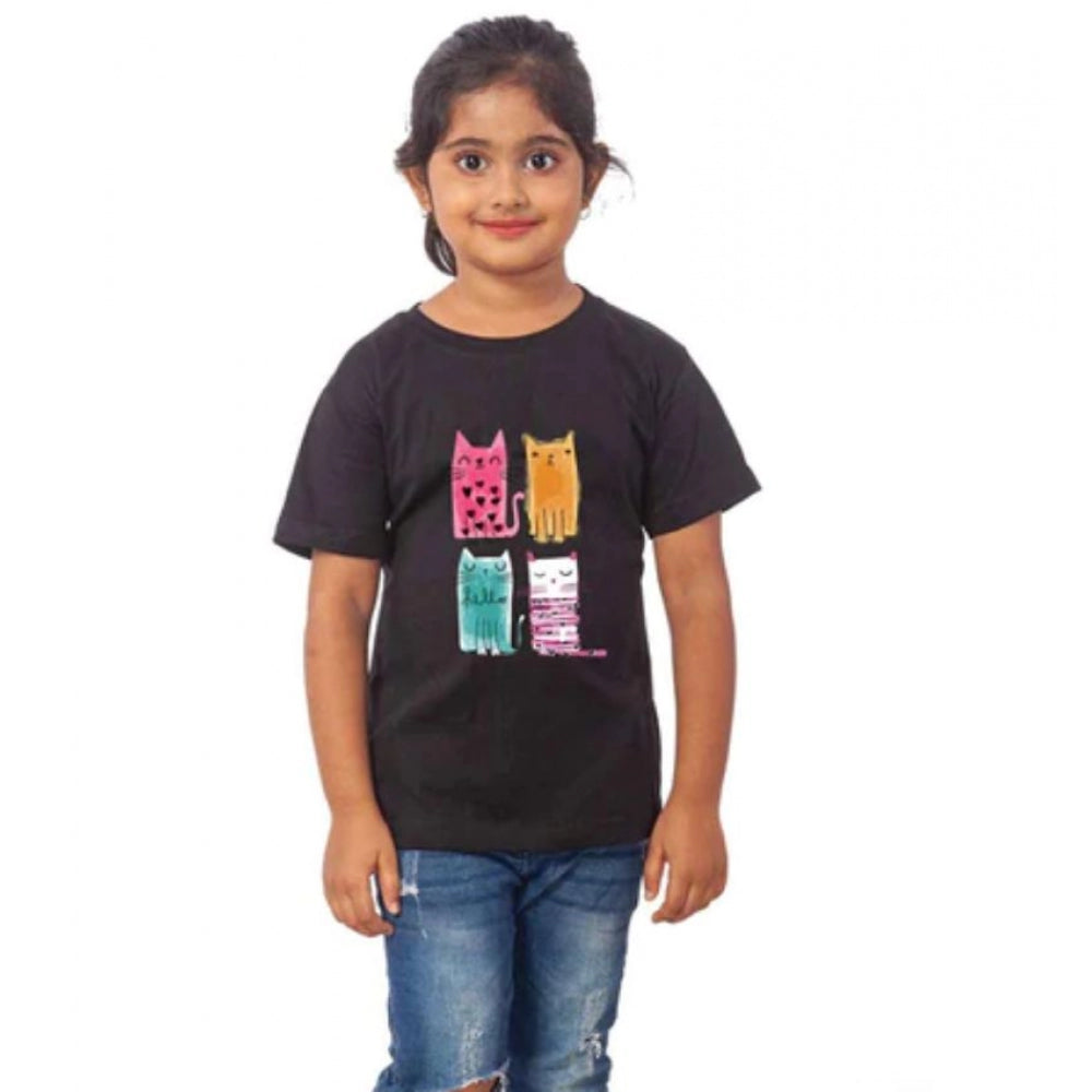 Girls Cotton Cat Half Sleeve Tshirt (Black)