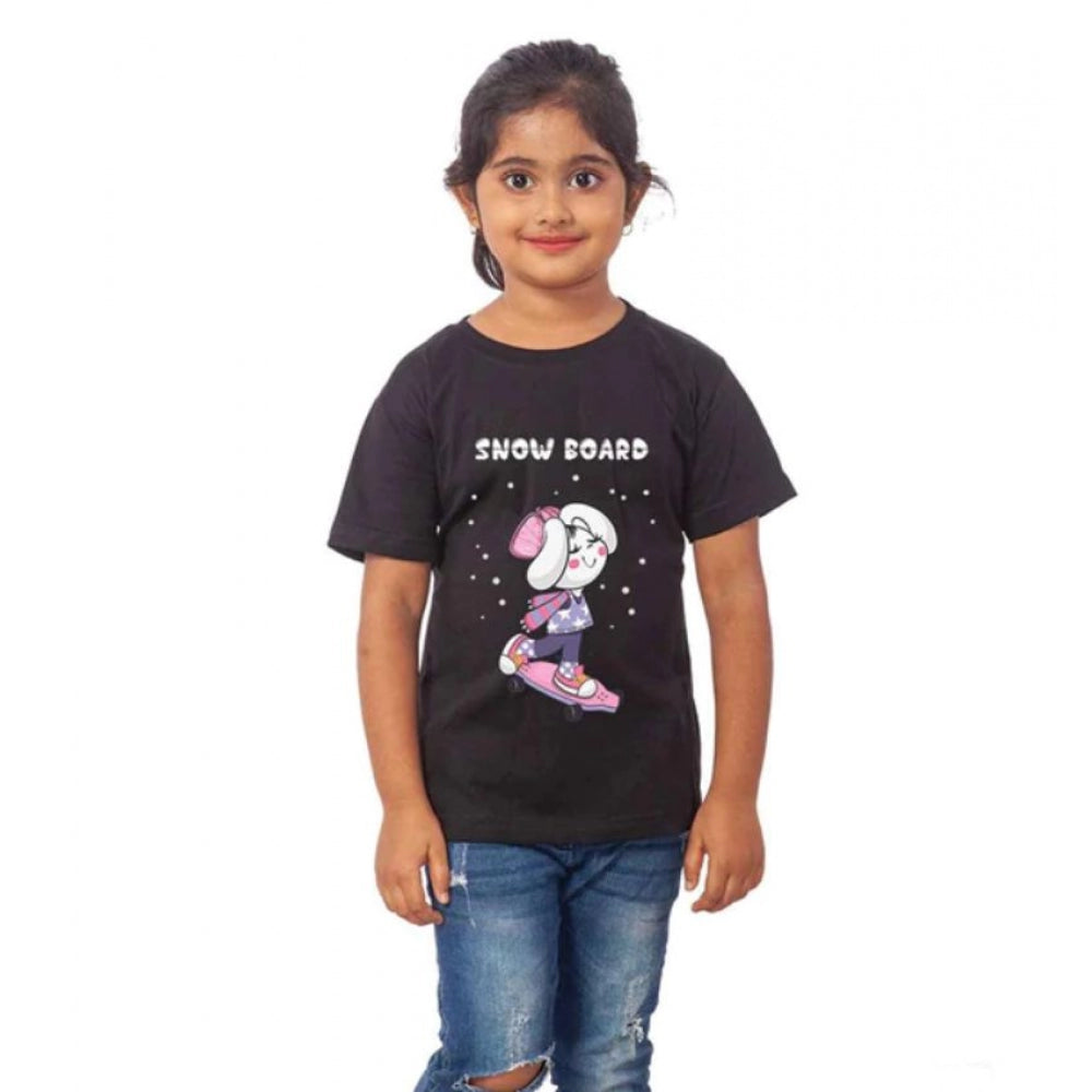 Girls Cotton Snow Board Half Sleeve Tshirt (Black)