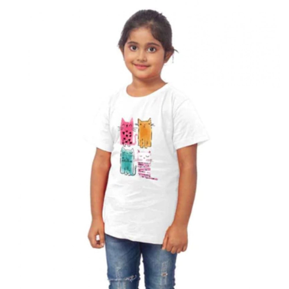 Girls Cotton Cat Half Sleeve Tshirt (White)