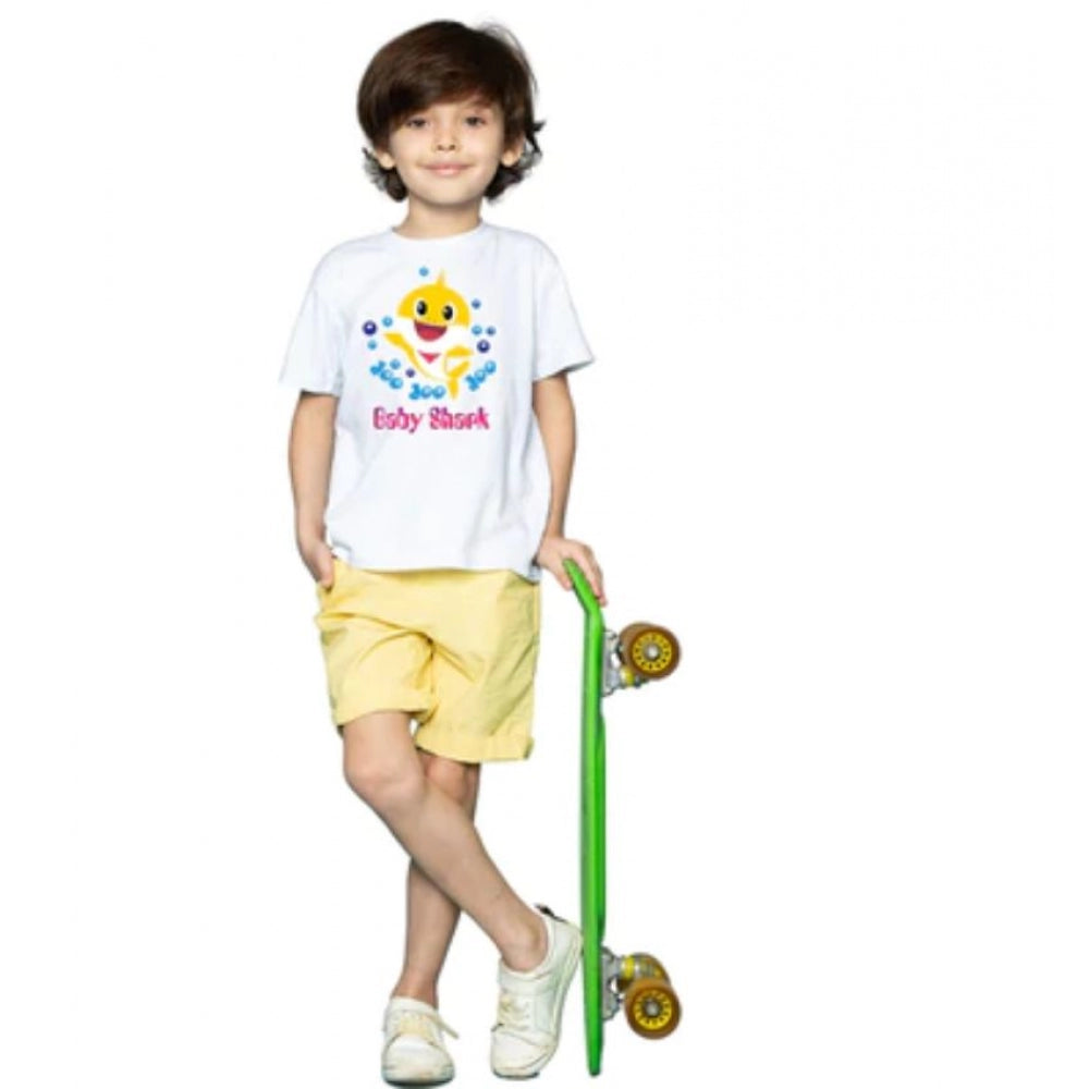 Boys Cotton Baby Shark Half Sleeve Tshirt (White)