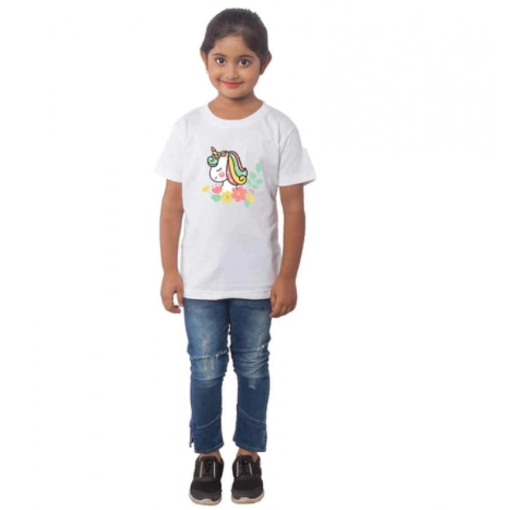 Girls Cotton Unicorn Face Half Sleeve Tshirt (White)