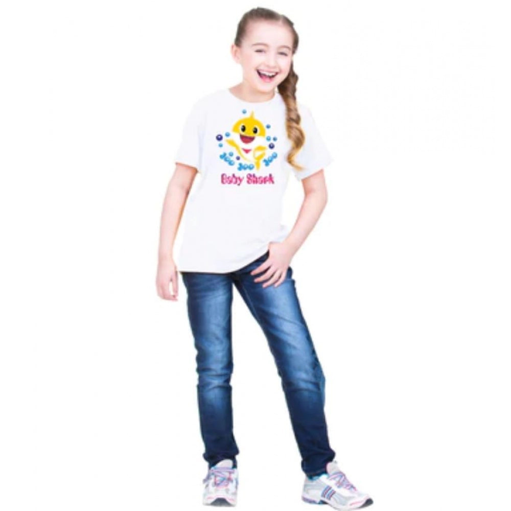 Girls Cotton Baby Shark Half Sleeve Tshirt (White)
