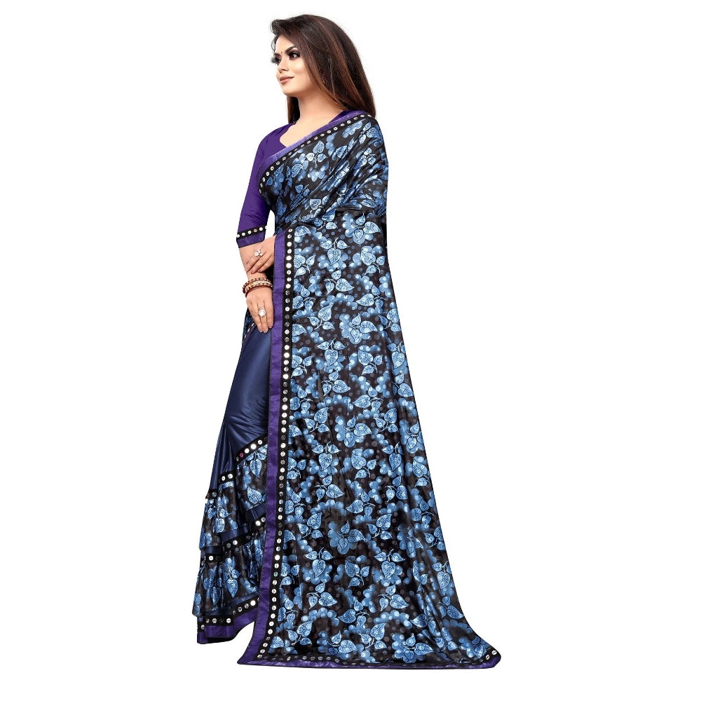 Women's Lycra Blend Saree with Blouse (Blue, 5-6 Mtrs) - VANSHELLE