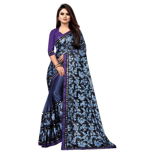 Women's Lycra Blend Saree with Blouse (Blue, 5-6 Mtrs) - VANSHELLE