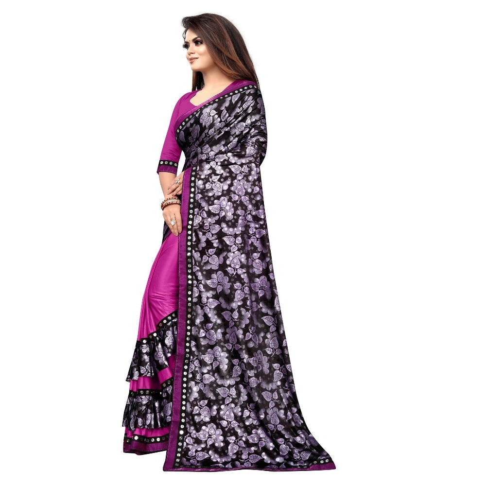 Women's Lycra Blend Saree with Blouse (Purple, 5-6 Mtrs) - VANSHELLE