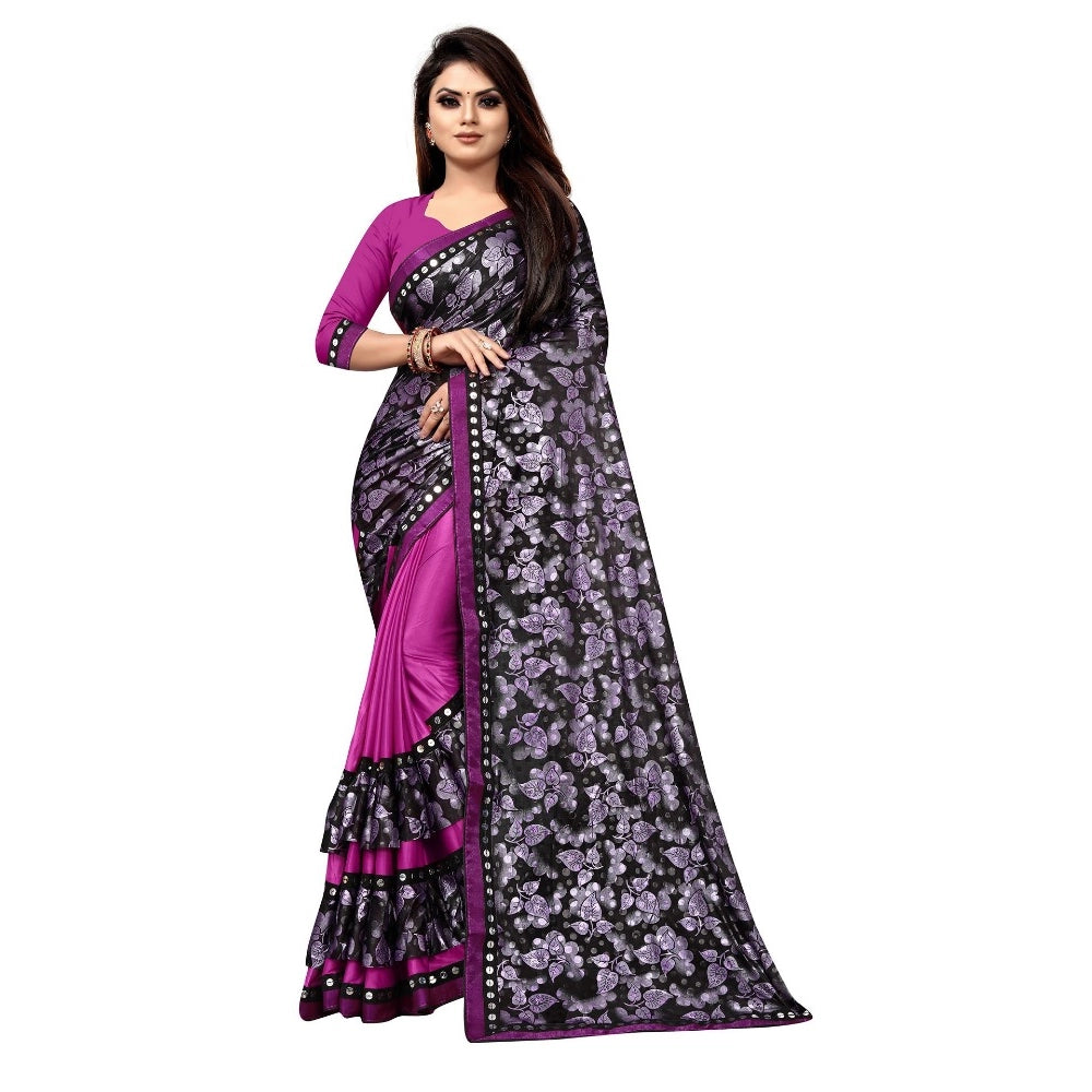Women's Lycra Blend Saree with Blouse (Purple, 5-6 Mtrs) - VANSHELLE