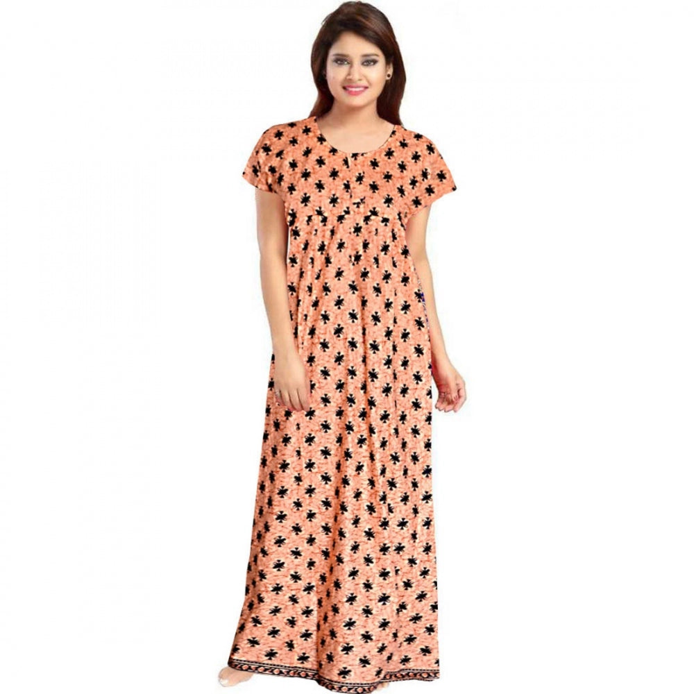 Women'S Cotton Printed Maxi Nighty (Peach)