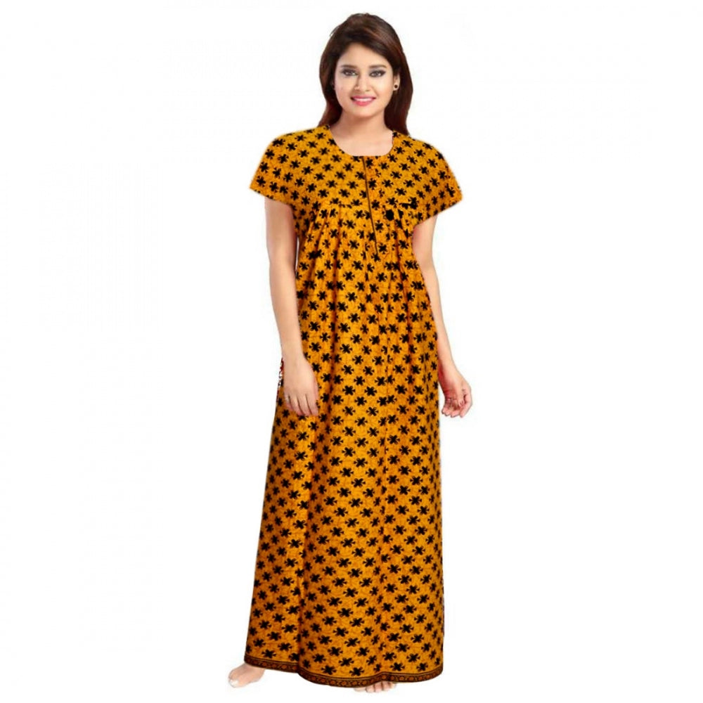 Women'S Cotton Printed Maxi Nighty (Mustard)