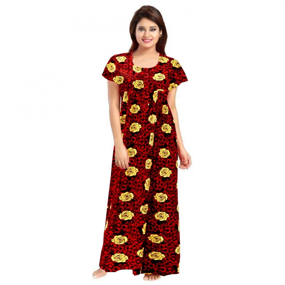 Women'S Cotton Printed Maxi Nighty (Maroon)