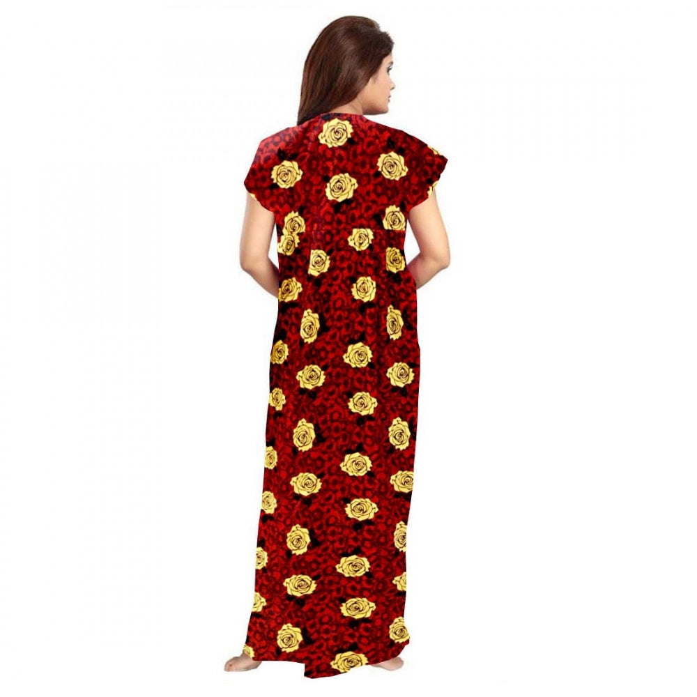Women'S Cotton Printed Maxi Nighty (Maroon)