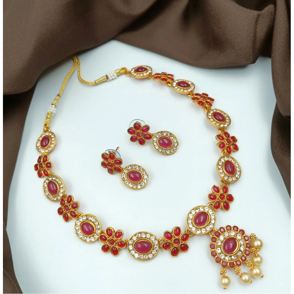 Women'S Gold Plated Traditional Necklace And Earrings Set (Red