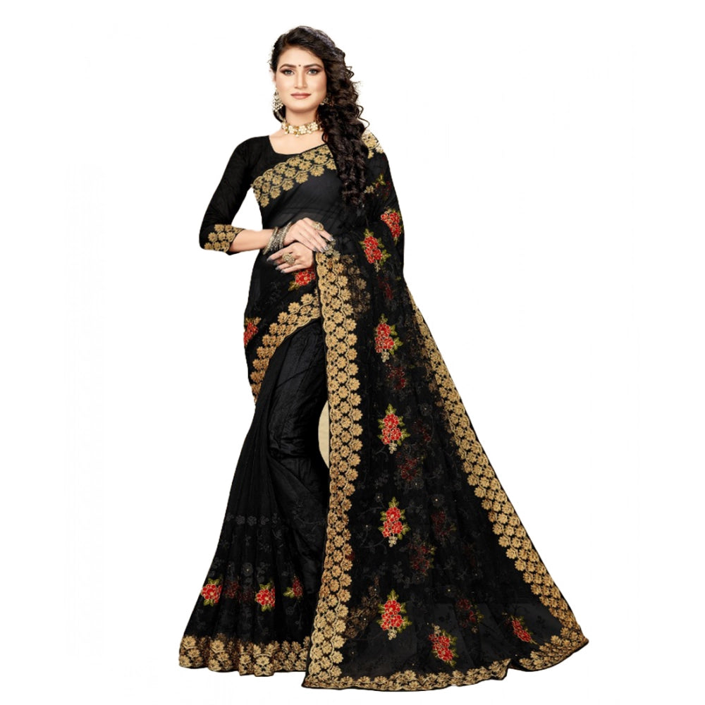 Women'S Net Saree With Blouse (Black, 5-6Mtrs)