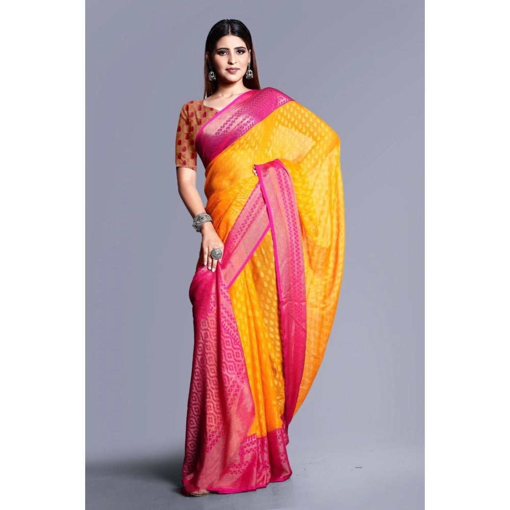 Women's Viscose Rayon Printed Saree With Unstitched Blouse (Yellow) - VANSHELLE