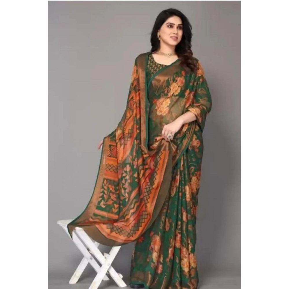 Women's Viscose Rayon Printed Saree With Unstitched Blouse (Green) - VANSHELLE