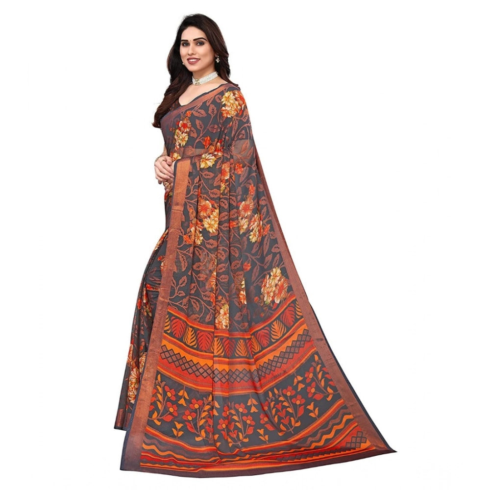 Women's Viscose Rayon Printed Saree With Unstitched Blouse (Grey) - VANSHELLE