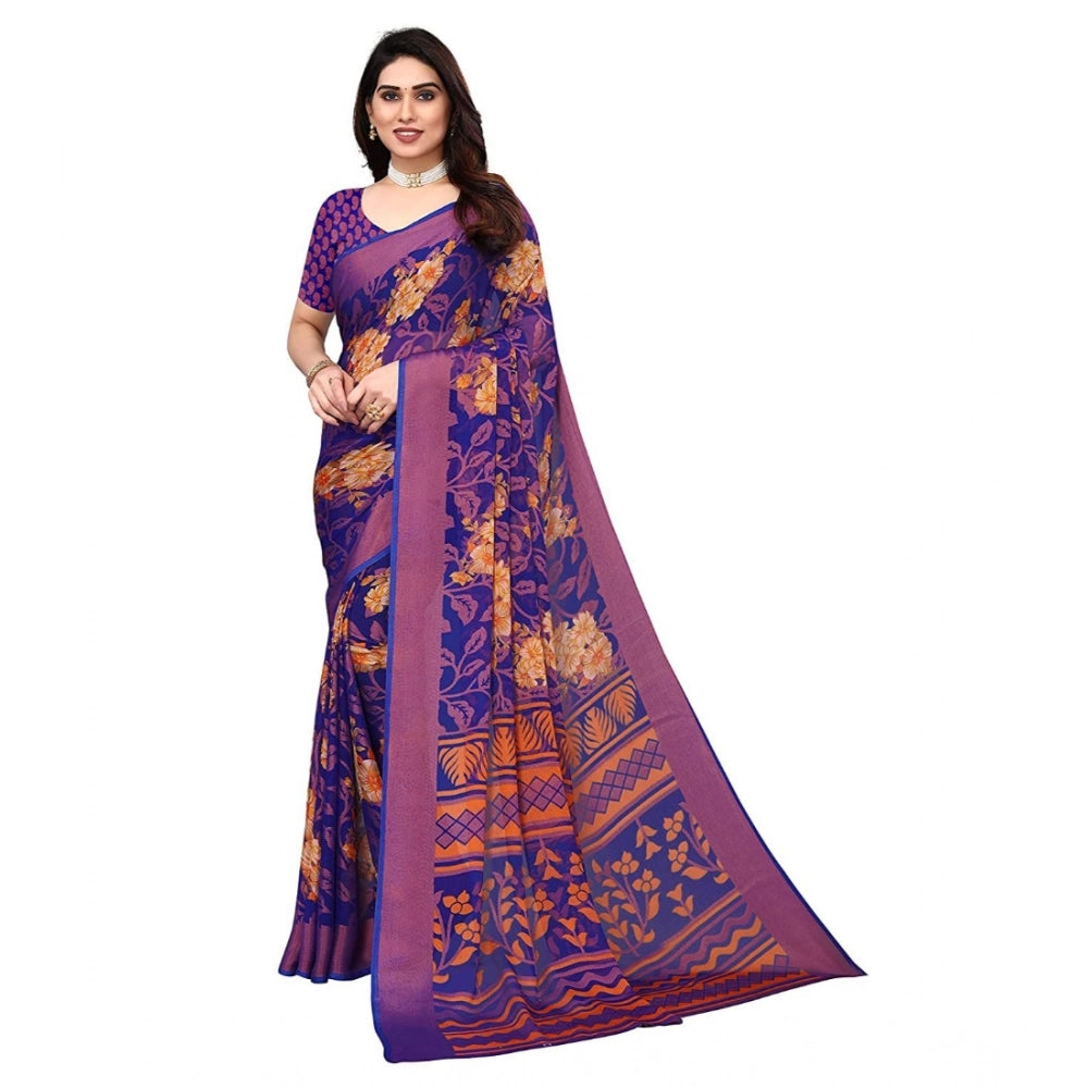 Women's Viscose Rayon Printed Saree With Unstitched Blouse (Blue) - VANSHELLE